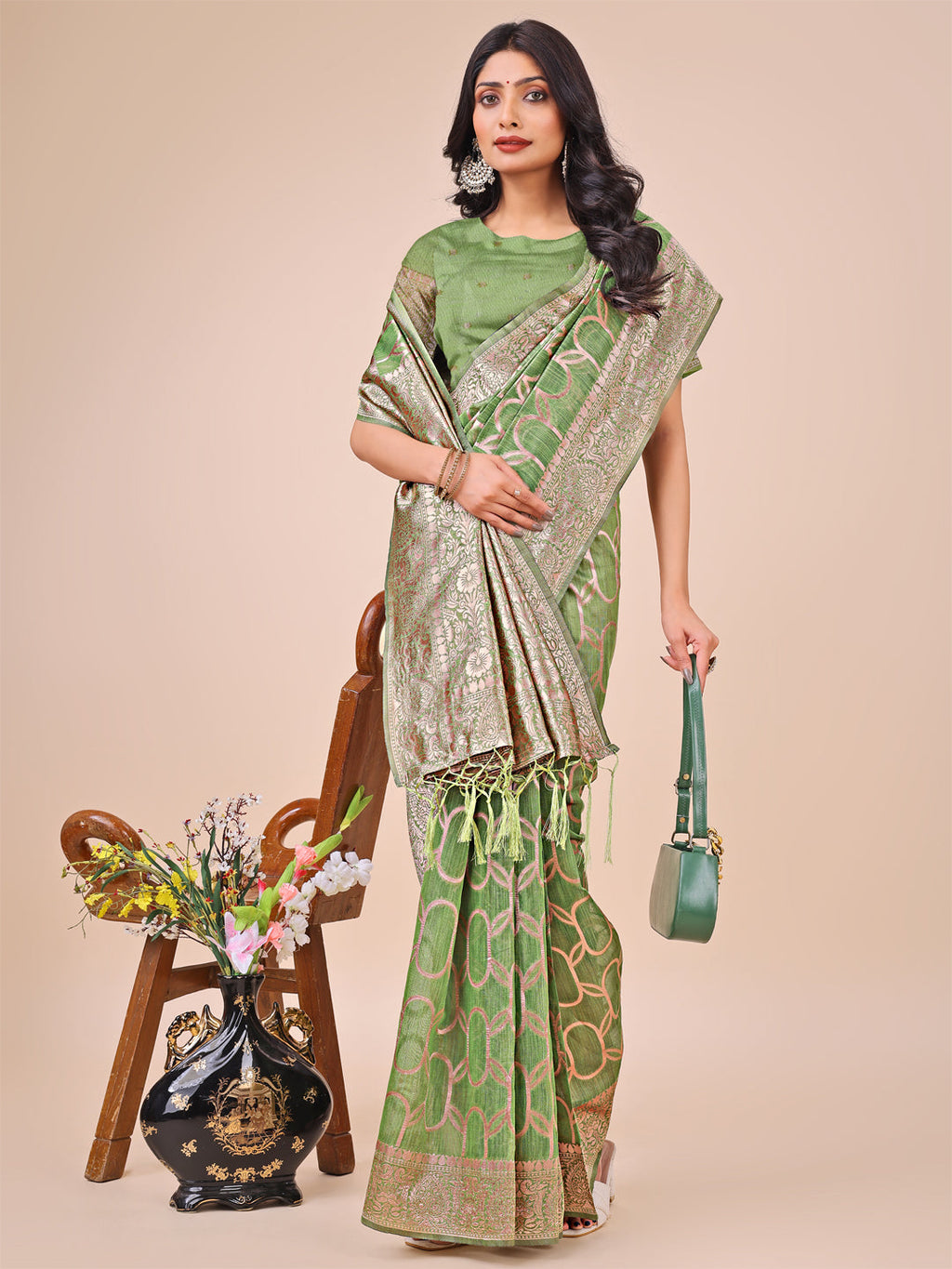 Shree Shyam Fashion Elegant Green Linen Cotton Saree with Silver Zari Border & Geometric Weave - Daily,Office & Festive Wear