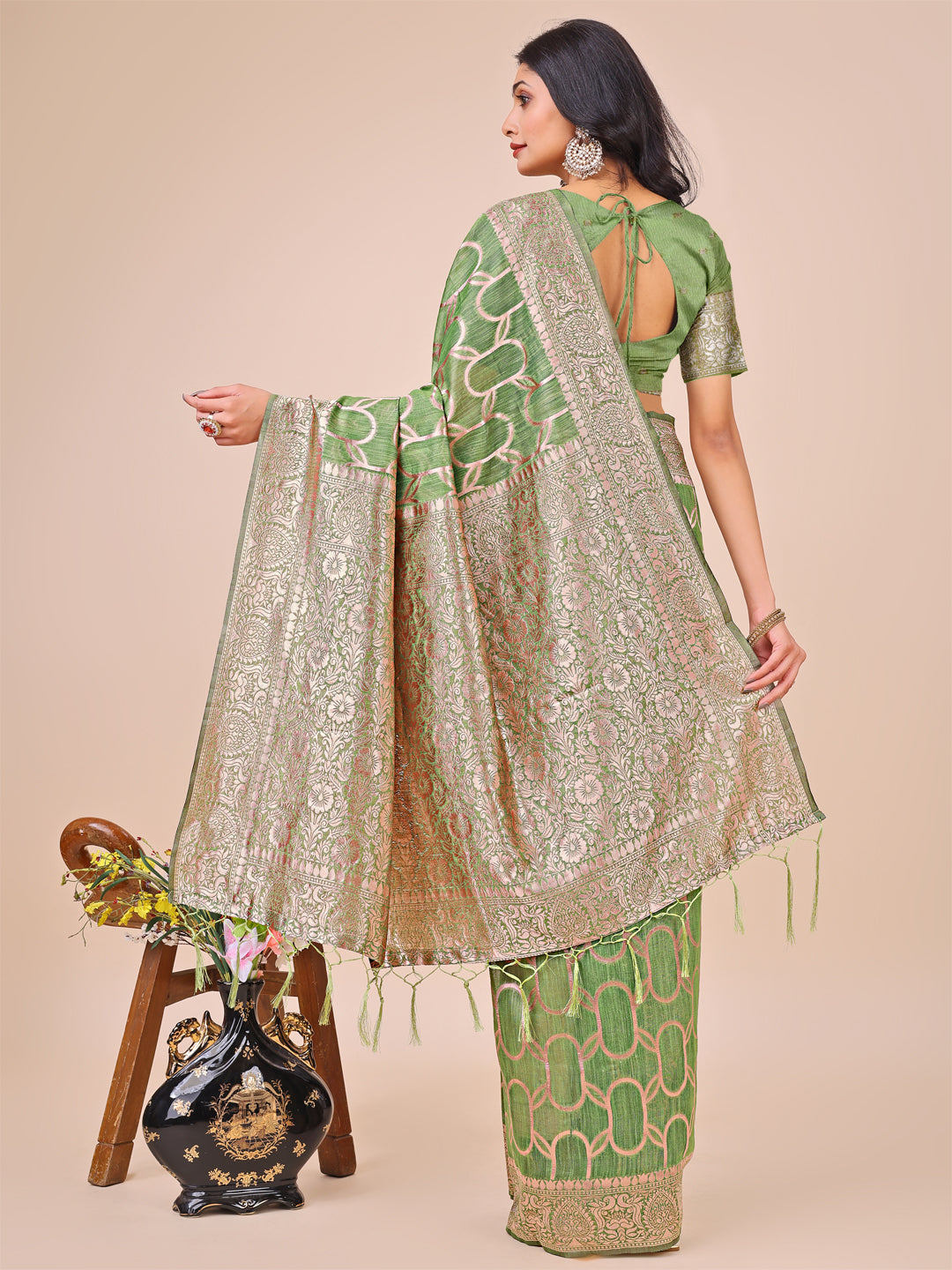 Shree Shyam Fashion Elegant Green Linen Cotton Saree with Silver Zari Border & Geometric Weave - Daily,Office & Festive Wear