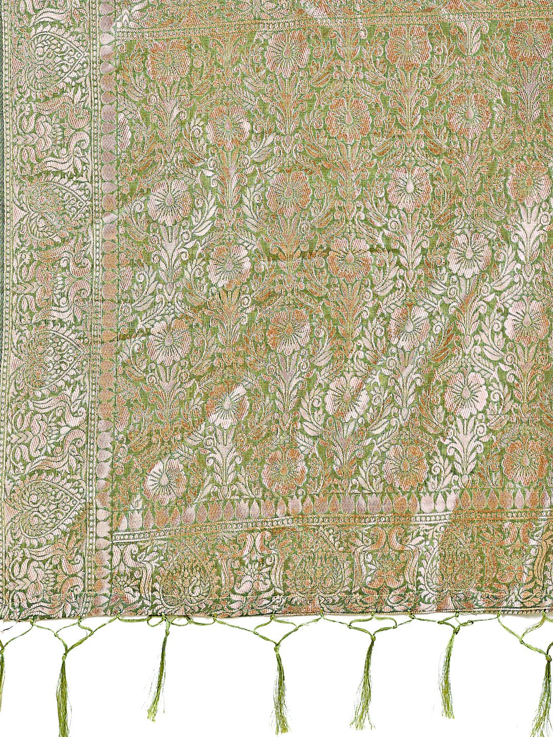 Shree Shyam Fashion Elegant Green Linen Cotton Saree with Silver Zari Border & Geometric Weave - Daily,Office & Festive Wear
