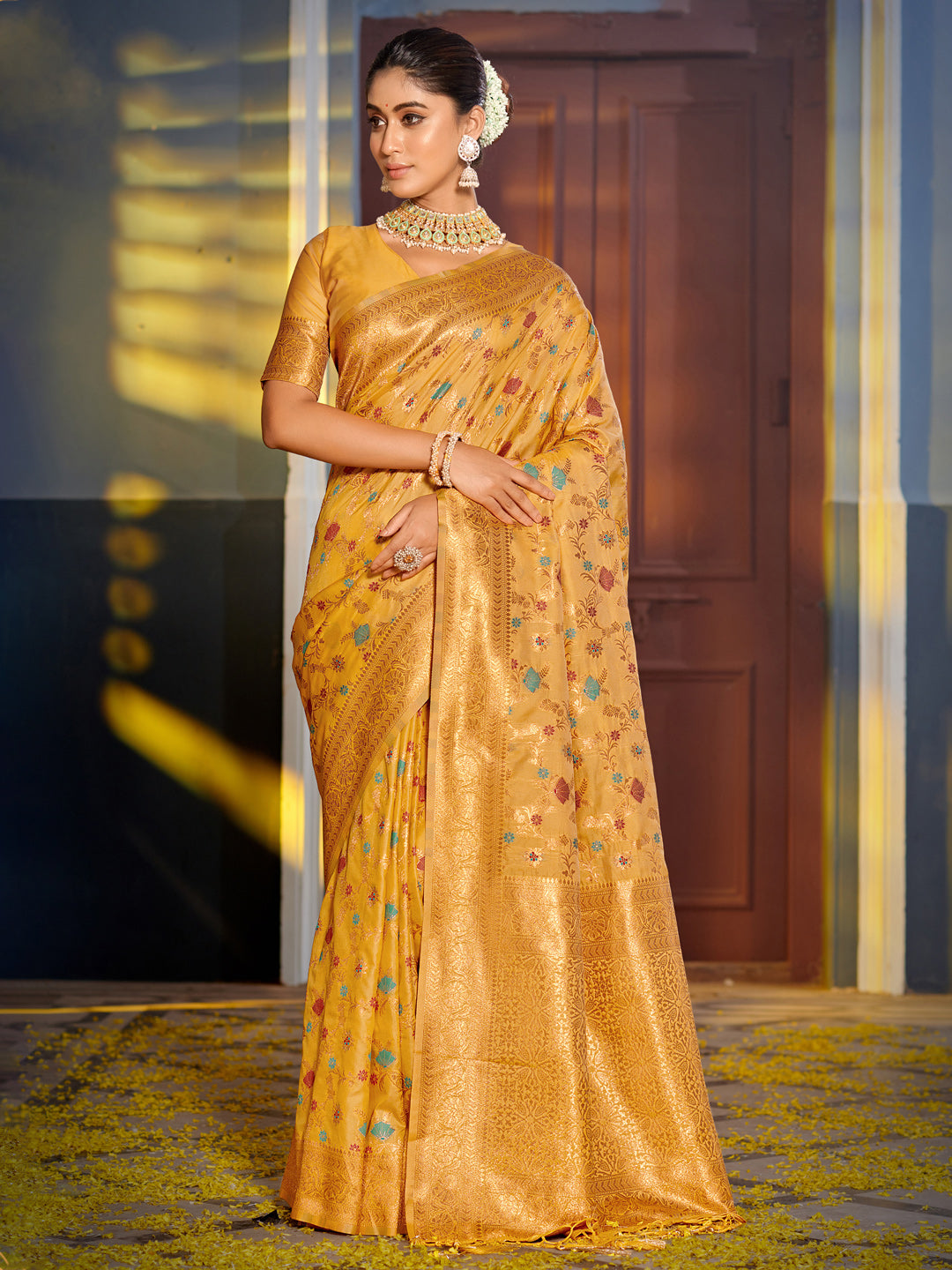 Shree Shyam Fashion Graceful Yellow Banarasi Silk Saree with Golden Zari Woven Border & Floral Jaal - Wedding & Festive Wear - Distacart