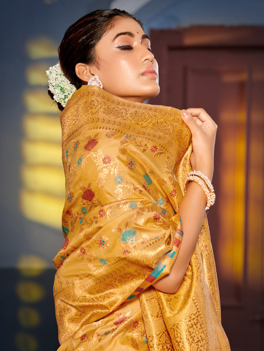 Shree Shyam Fashion Graceful Yellow Banarasi Silk Saree with Golden Zari Woven Border & Floral Jaal - Wedding & Festive Wear - Distacart