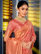 Shree Shyam Fashion Graceful Peach Banarasi Silk Saree with Golden Zari Woven Border & Floral Jaal - Wedding & Festive Wear - Distacart