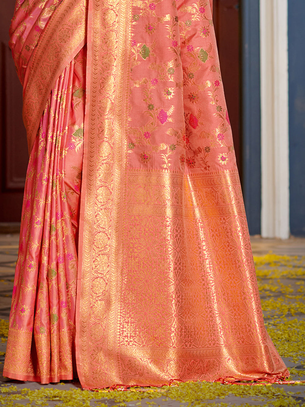 Shree Shyam Fashion Graceful Peach Banarasi Silk Saree with Golden Zari Woven Border & Floral Jaal - Wedding & Festive Wear - Distacart