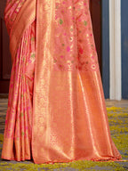Shree Shyam Fashion Graceful Peach Banarasi Silk Saree with Golden Zari Woven Border & Floral Jaal - Wedding & Festive Wear - Distacart
