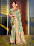 Shree Shyam Fashion Graceful Sea Green Banarasi Silk Saree with Golden Zari Woven Border & Floral Jaal - Wedding & Festive Wear - Distacart