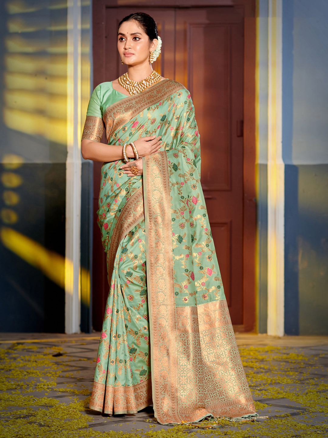 Shree Shyam Fashion Graceful Sea Green Banarasi Silk Saree with Golden Zari Woven Border & Floral Jaal - Wedding & Festive Wear - Distacart