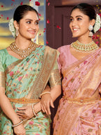 Shree Shyam Fashion Graceful Sea Green Banarasi Silk Saree with Golden Zari Woven Border & Floral Jaal - Wedding & Festive Wear - Distacart