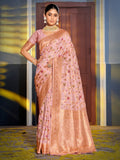 Shree Shyam Fashion Graceful Pink Banarasi Silk Saree with Golden Zari Woven Border & Floral Jaal - Wedding & Festive Wear - Distacart