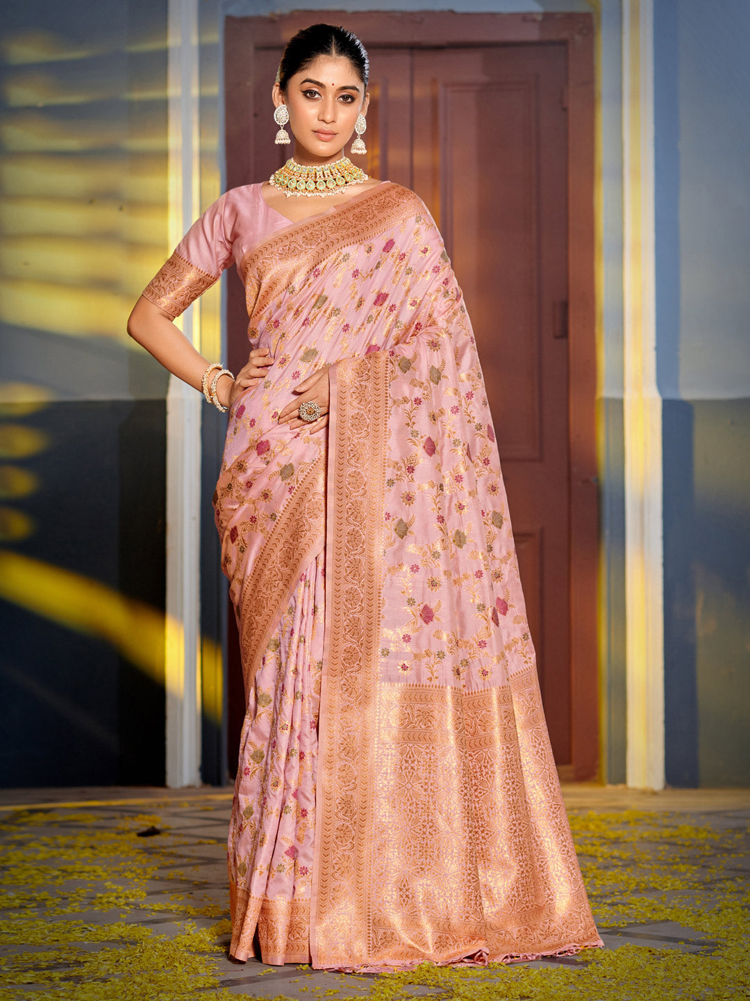 Shree Shyam Fashion Graceful Pink Banarasi Silk Saree with Golden Zari Woven Border & Floral Jaal - Wedding & Festive Wear - Distacart