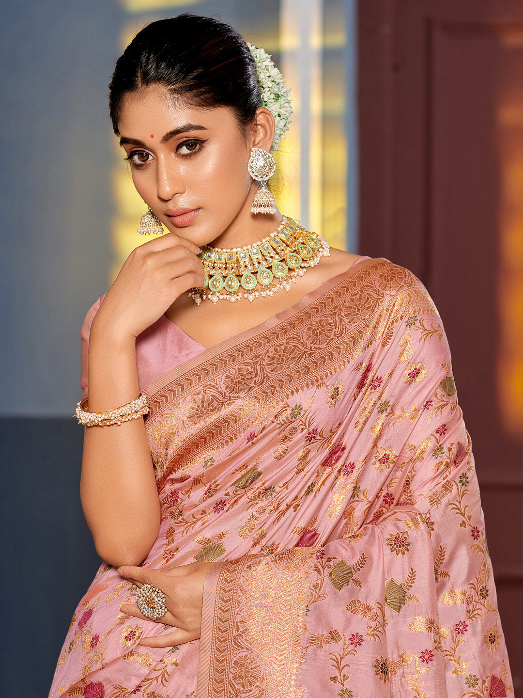 Shree Shyam Fashion Graceful Pink Banarasi Silk Saree with Golden Zari Woven Border & Floral Jaal - Wedding & Festive Wear - Distacart