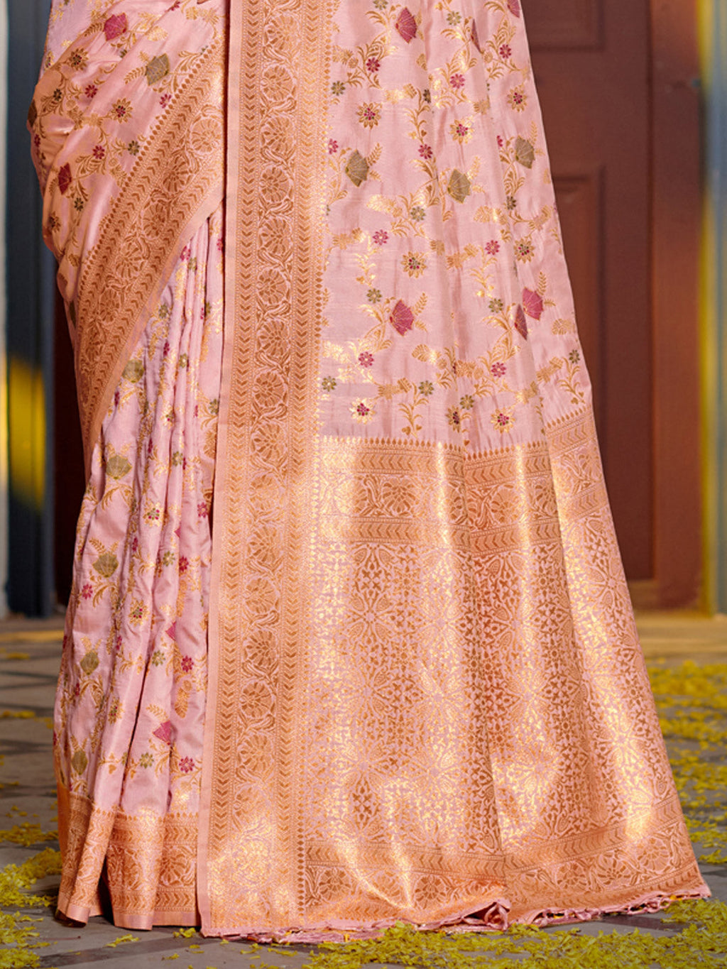 Shree Shyam Fashion Graceful Pink Banarasi Silk Saree with Golden Zari Woven Border & Floral Jaal - Wedding & Festive Wear - Distacart