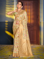 Shree Shyam Fashion Graceful Light Green Banarasi Silk Saree with Golden Zari Woven Border & Floral Jaal - Wedding & Festive Wear - Distacart