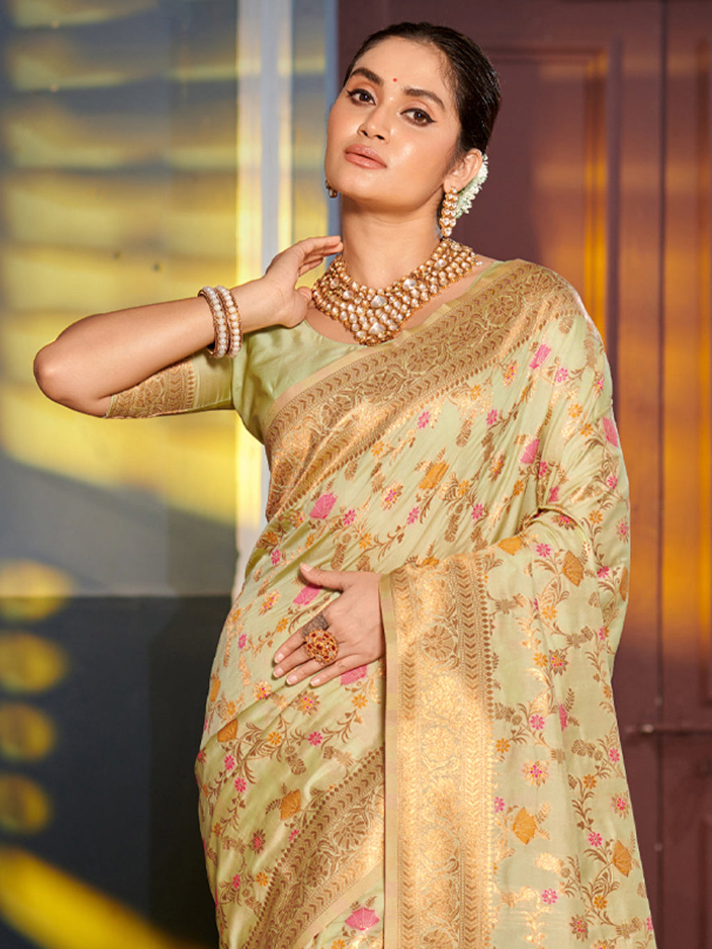 Shree Shyam Fashion Graceful Light Green Banarasi Silk Saree with Golden Zari Woven Border & Floral Jaal - Wedding & Festive Wear - Distacart