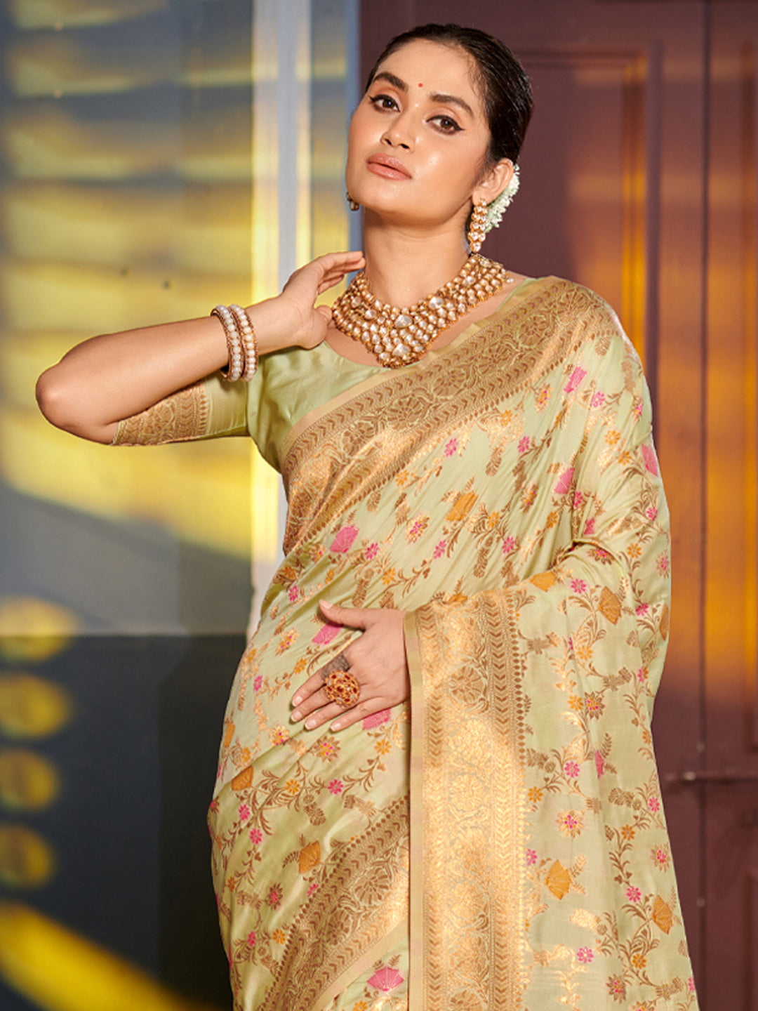 Shree Shyam Fashion Graceful Light Green Banarasi Silk Saree with Golden Zari Woven Border & Floral Jaal - Wedding & Festive Wear - Distacart