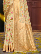 Shree Shyam Fashion Graceful Light Green Banarasi Silk Saree with Golden Zari Woven Border & Floral Jaal - Wedding & Festive Wear - Distacart