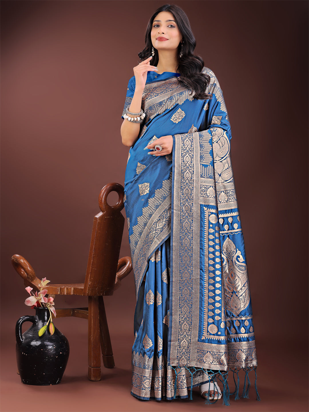 Shree Shyam Fashion Graceful Royal Blue Banarasi Silk Saree with Silver Zari - Perfect Ethnic Wear for Weddings & Festive Moments - Distacart