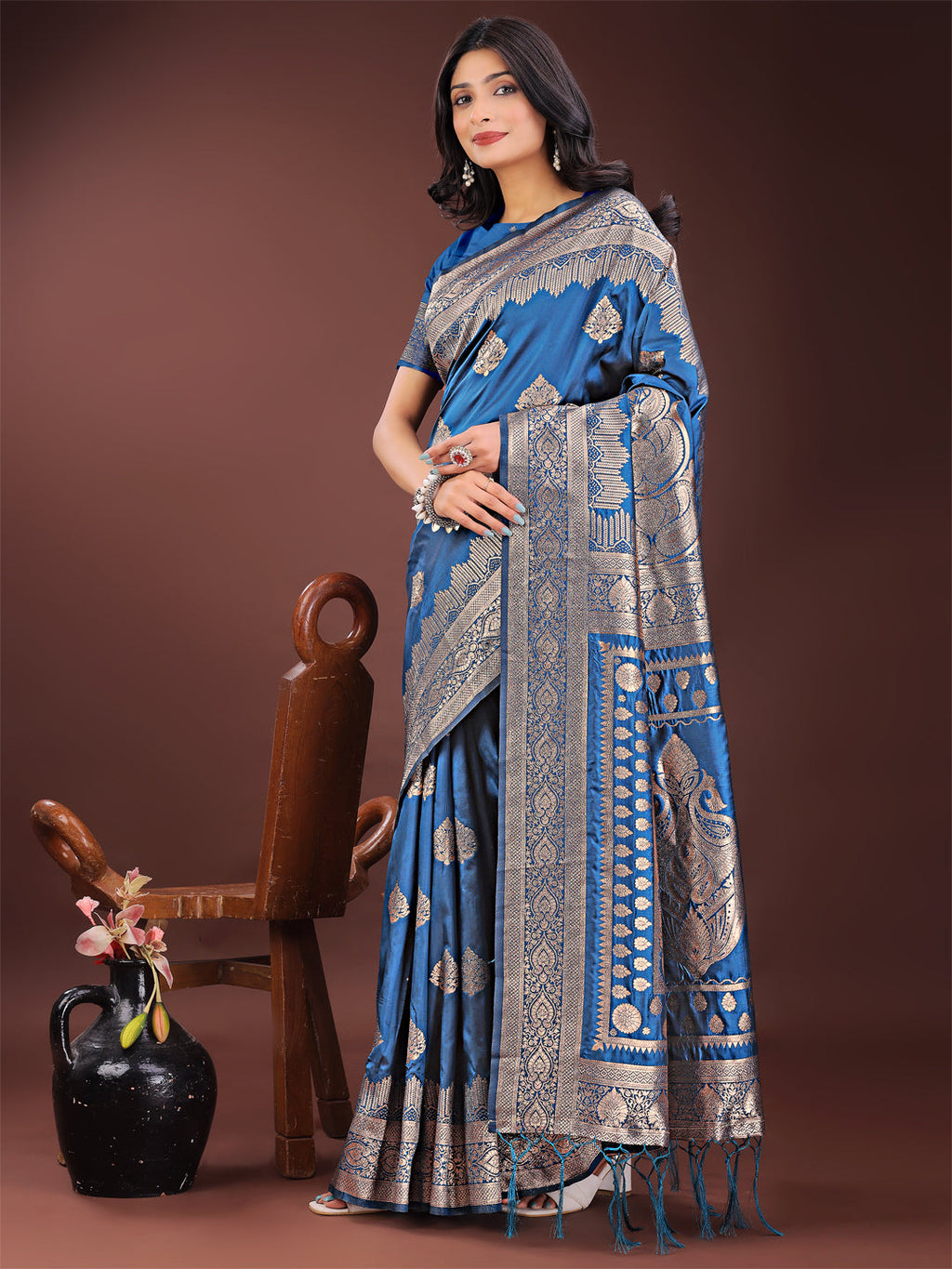Shree Shyam Fashion Graceful Royal Blue Banarasi Silk Saree with Silver Zari - Perfect Ethnic Wear for Weddings & Festive Moments - Distacart