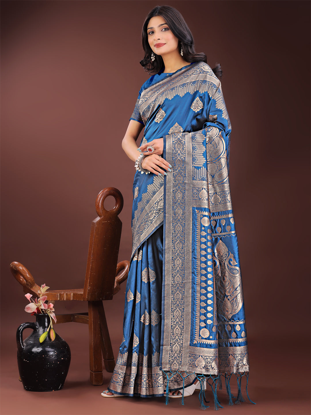 Shree Shyam Fashion Graceful Royal Blue Banarasi Silk Saree with Silver Zari - Perfect Ethnic Wear for Weddings & Festive Moments - Distacart