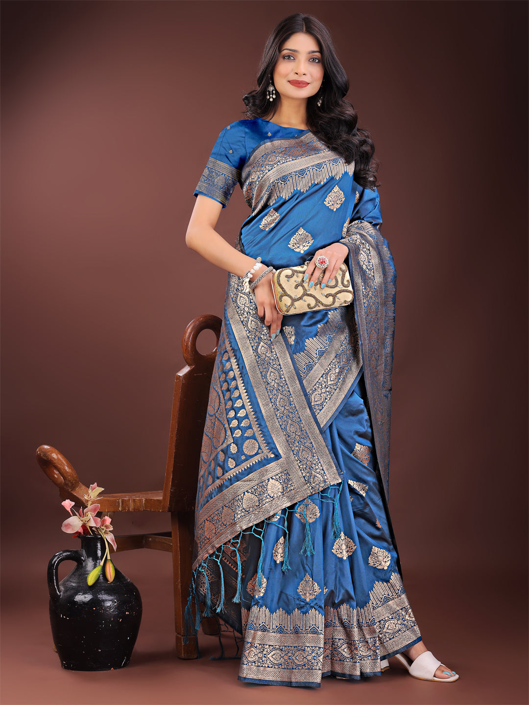 Shree Shyam Fashion Graceful Royal Blue Banarasi Silk Saree with Silver Zari - Perfect Ethnic Wear for Weddings & Festive Moments - Distacart