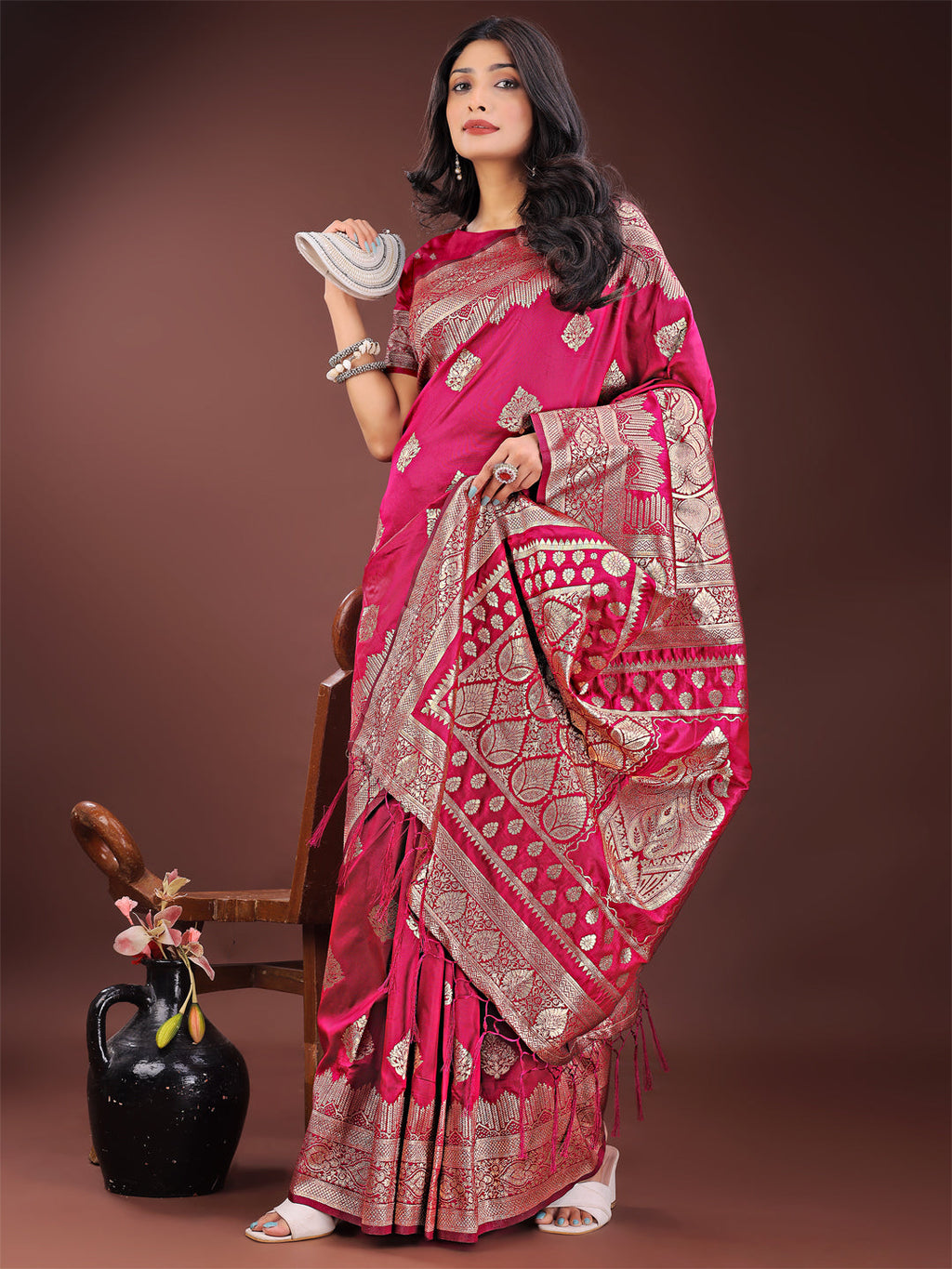 Shree Shyam Fashion Graceful Magenta Banarasi Silk Saree with Silver Zari - Perfect Ethnic Wear for Weddings & Festive Moments - Distacart