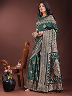 Shree Shyam Fashion Graceful Green Banarasi Silk Saree with Silver Zari - Perfect Ethnic Wear for Weddings & Festive Moments - Distacart