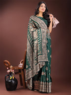 Shree Shyam Fashion Graceful Green Banarasi Silk Saree with Silver Zari - Perfect Ethnic Wear for Weddings & Festive Moments - Distacart