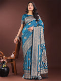 Shree Shyam Fashion Graceful Teal Banarasi Silk Saree with Silver Zari - Perfect Ethnic Wear for Weddings & Festive Moments - Distacart