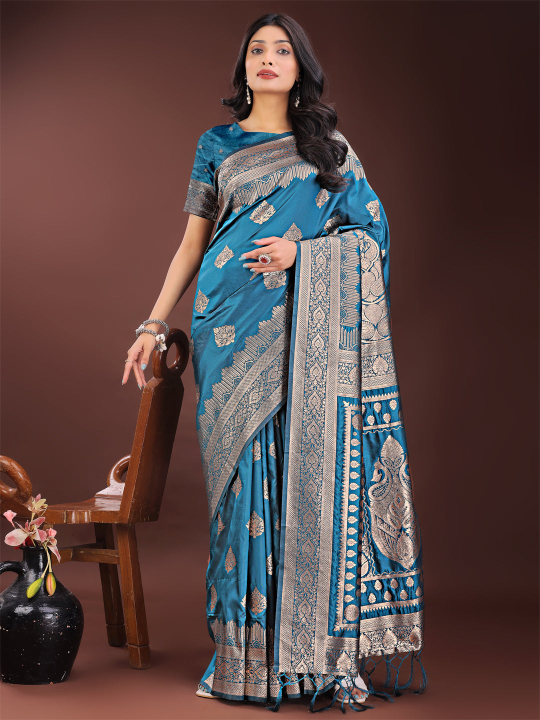 Shree Shyam Fashion Graceful Teal Banarasi Silk Saree with Silver Zari - Perfect Ethnic Wear for Weddings & Festive Moments - Distacart