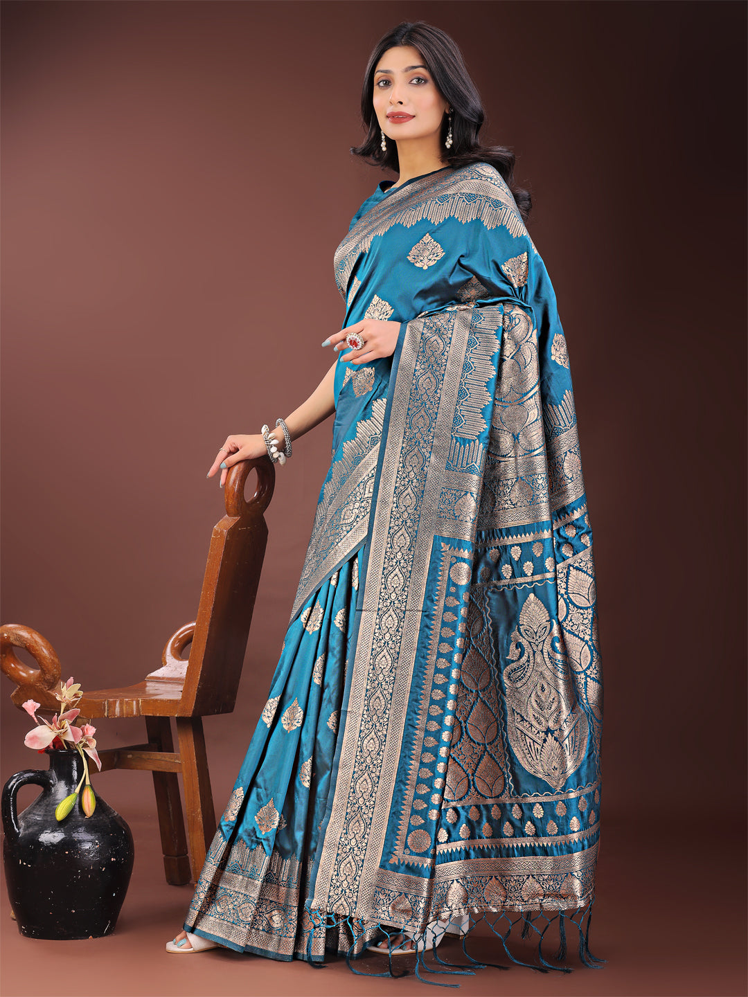 Shree Shyam Fashion Graceful Teal Banarasi Silk Saree with Silver Zari - Perfect Ethnic Wear for Weddings & Festive Moments - Distacart