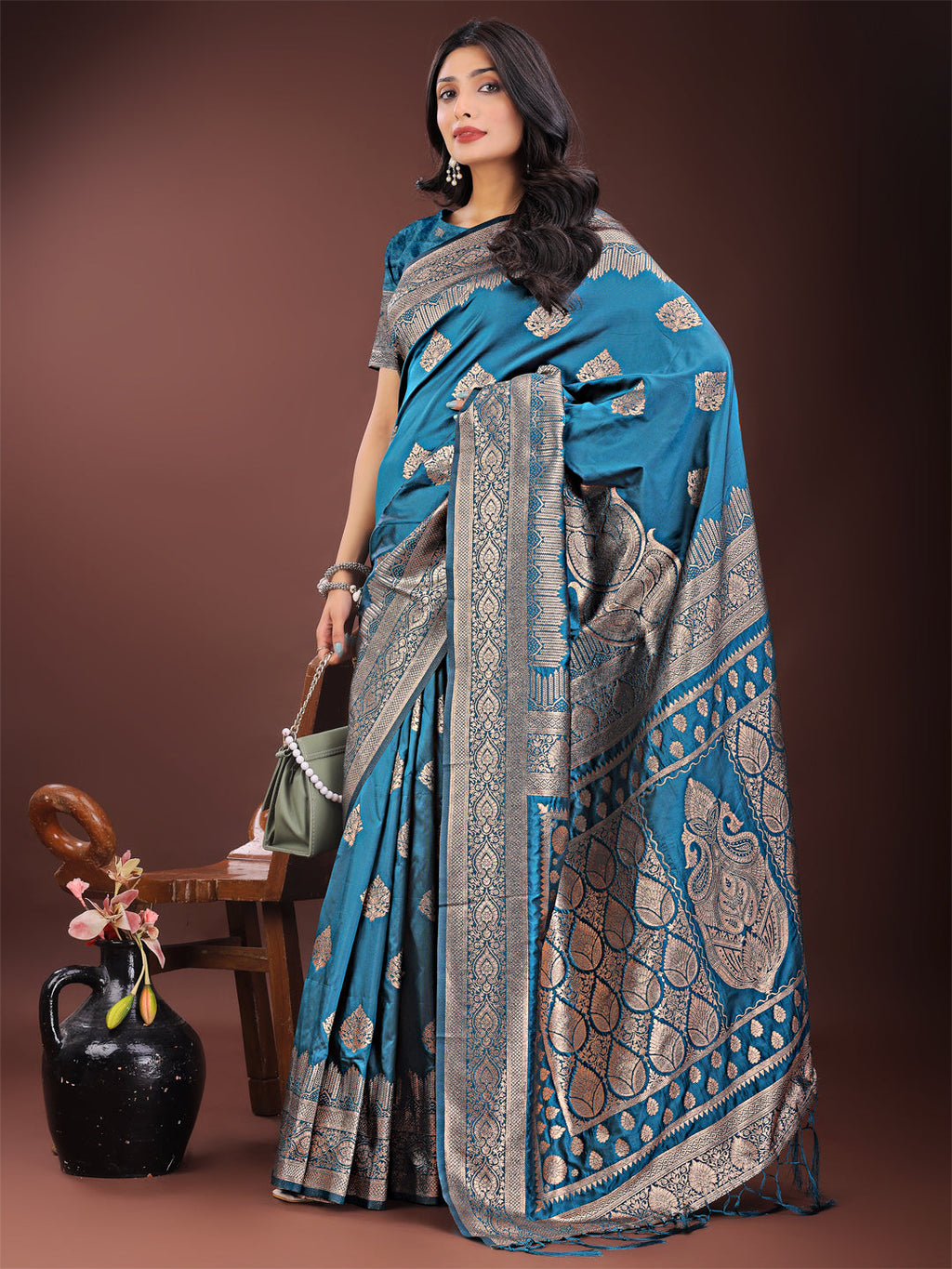 Shree Shyam Fashion Graceful Teal Banarasi Silk Saree with Silver Zari - Perfect Ethnic Wear for Weddings & Festive Moments - Distacart