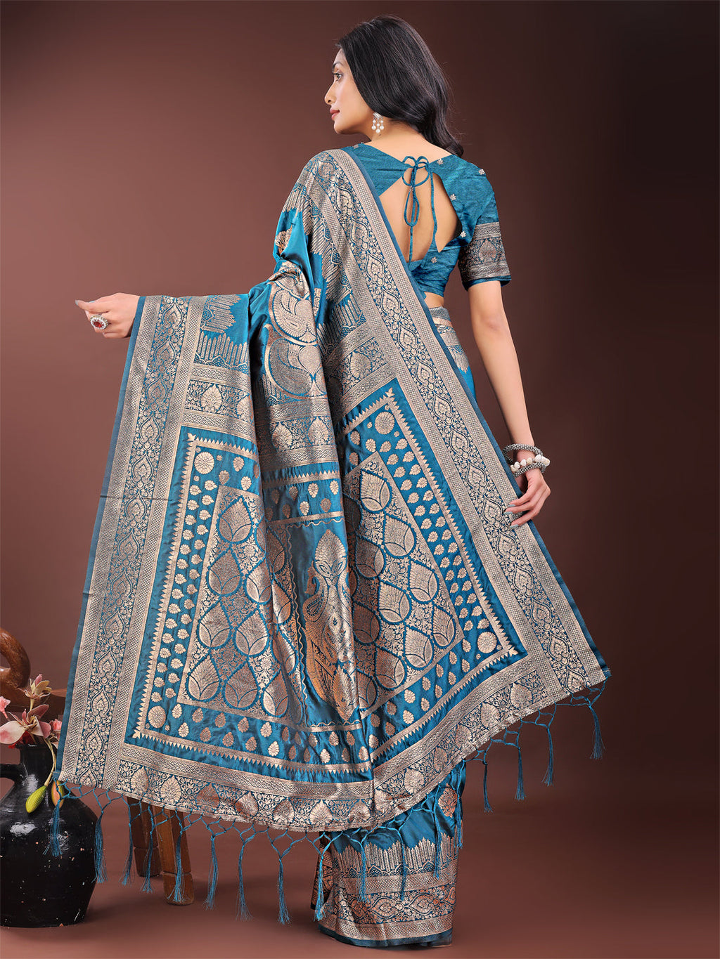 Shree Shyam Fashion Graceful Teal Banarasi Silk Saree with Silver Zari - Perfect Ethnic Wear for Weddings & Festive Moments - Distacart
