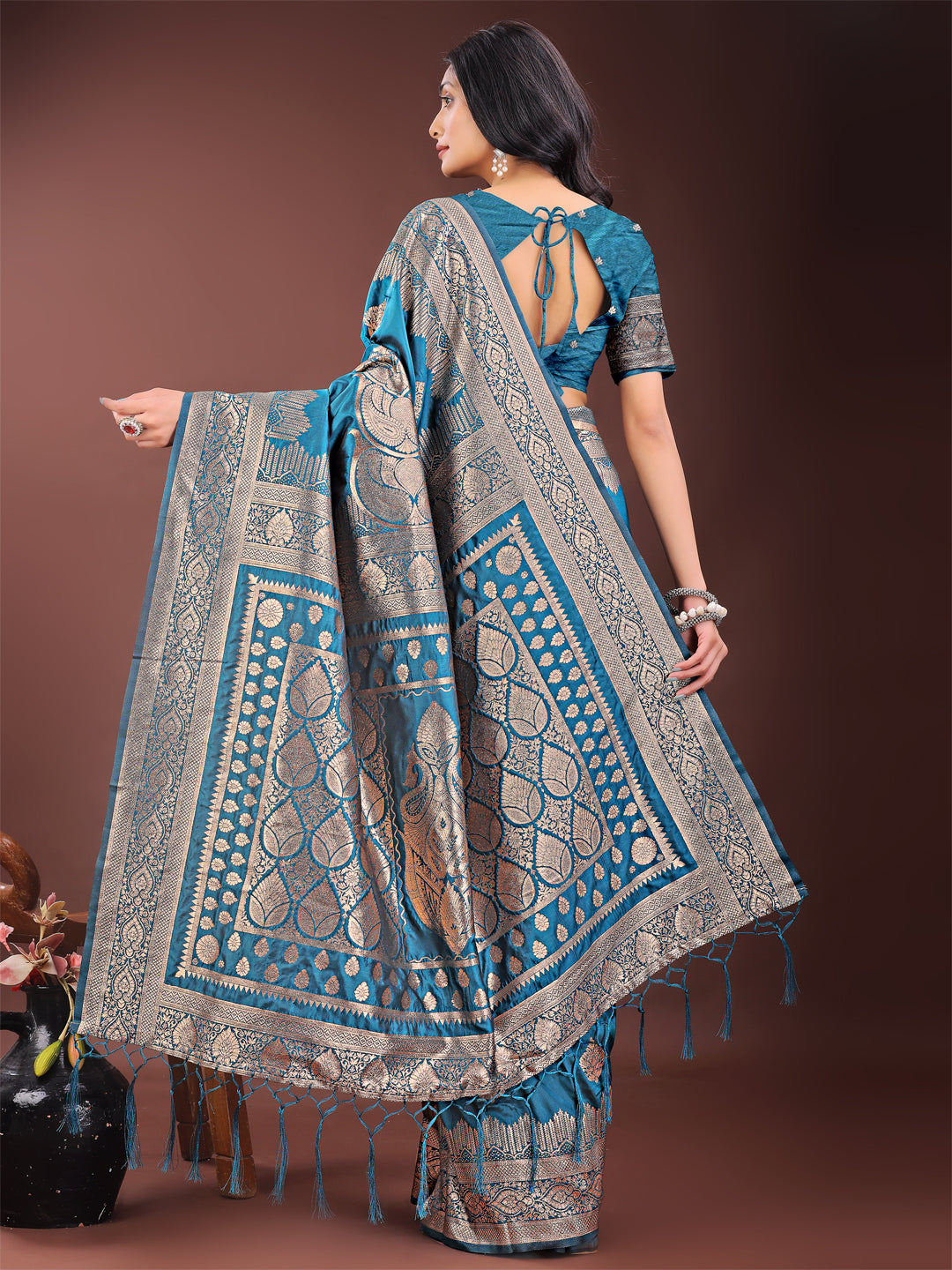 Shree Shyam Fashion Graceful Teal Banarasi Silk Saree with Silver Zari - Perfect Ethnic Wear for Weddings & Festive Moments - Distacart