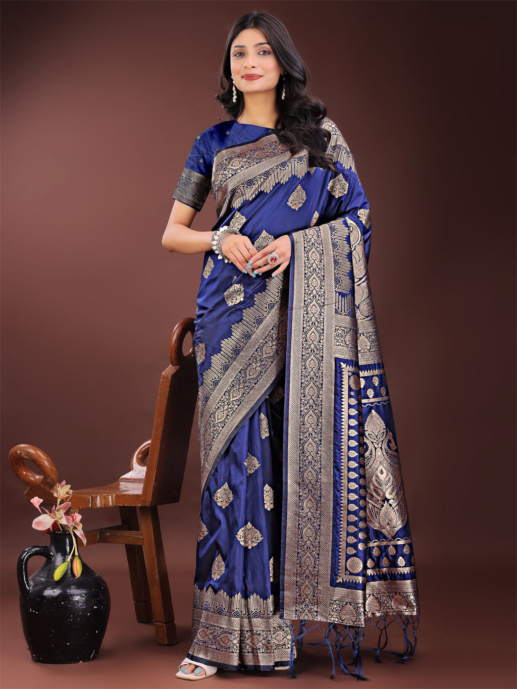 Shree Shyam Fashion Graceful Navy Blue Banarasi Silk Saree with Silver Zari - Perfect Ethnic Wear for Weddings & Festive Moments - Distacart