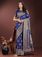 Shree Shyam Fashion Graceful Navy Blue Banarasi Silk Saree with Silver Zari - Perfect Ethnic Wear for Weddings & Festive Moments - Distacart