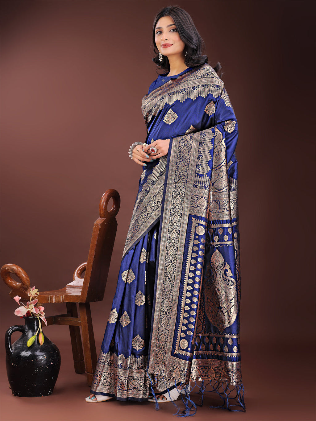 Shree Shyam Fashion Graceful Navy Blue Banarasi Silk Saree with Silver Zari - Perfect Ethnic Wear for Weddings & Festive Moments - Distacart