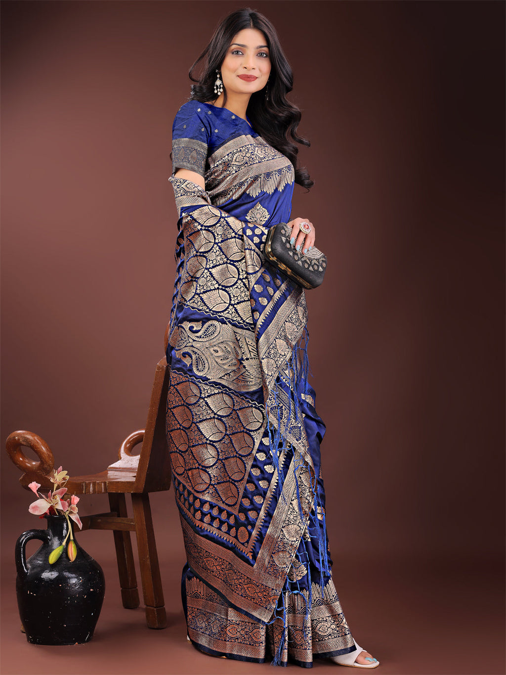 Shree Shyam Fashion Graceful Navy Blue Banarasi Silk Saree with Silver Zari - Perfect Ethnic Wear for Weddings & Festive Moments - Distacart