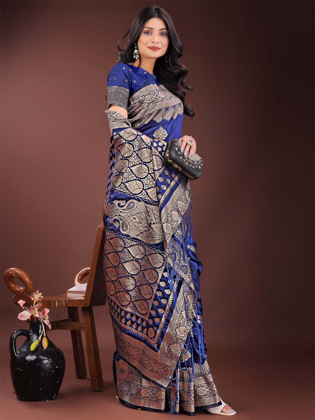 Shree Shyam Fashion Graceful Navy Blue Banarasi Silk Saree with Silver Zari - Perfect Ethnic Wear for Weddings & Festive Moments - Distacart