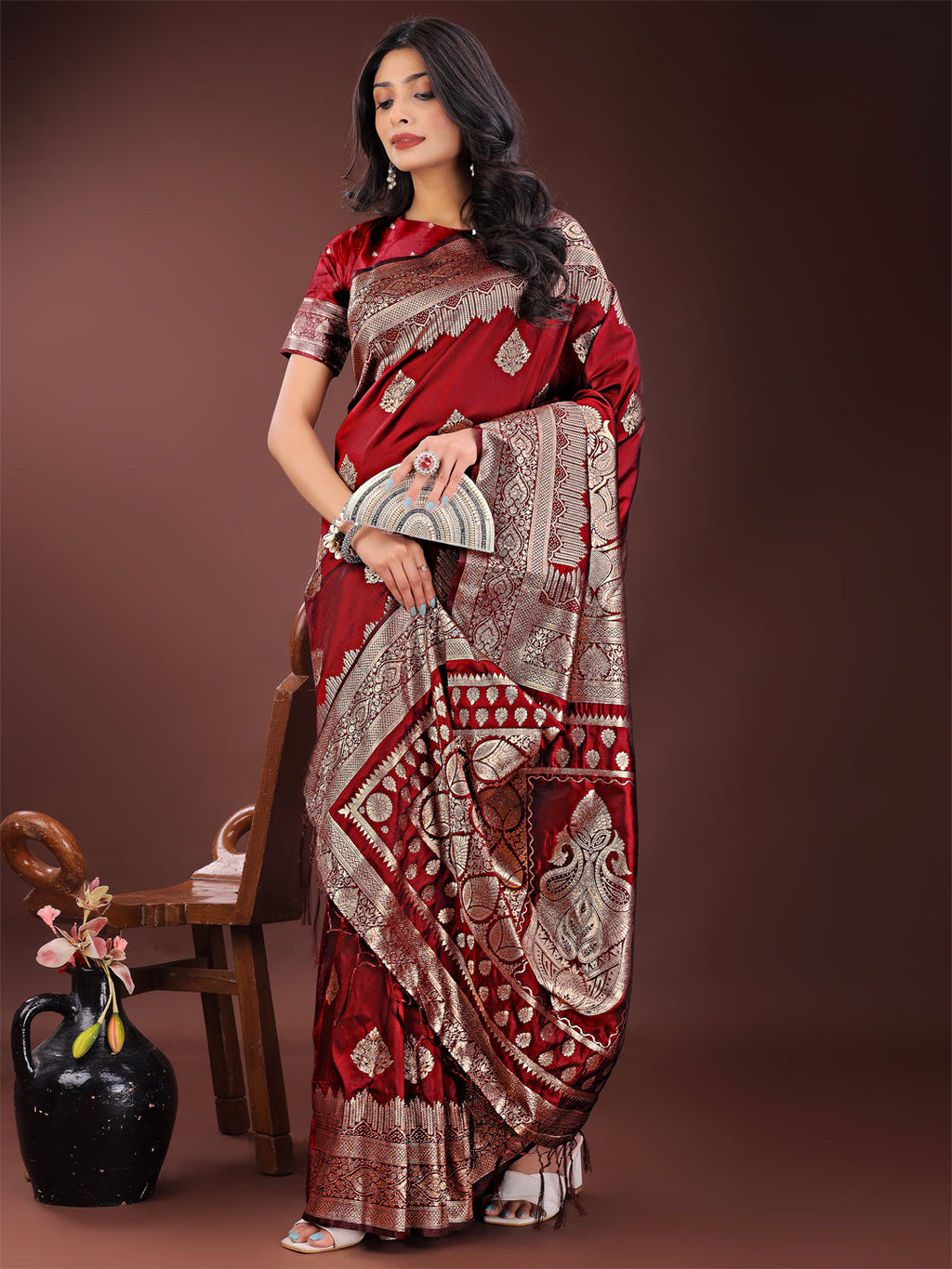 Shree Shyam Fashion Graceful Maroon Banarasi Silk Saree with Silver Zari - Perfect Ethnic Wear for Weddings & Festive Moments - Distacart