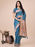 Shree Shyam Fashion Elegant Blue Linen Cotton Saree with Copper Zari Pallu and Artistic Brush Pattern - Festive & Formal Wear - Distacart