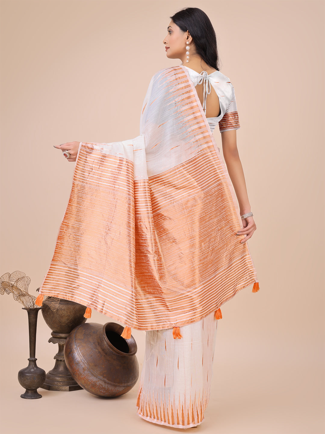 Shree Shyam Fashion Elegant White Linen Cotton Saree with Copper Zari Pallu and Artistic Brush Pattern - Festive & Formal Wear - Distacart