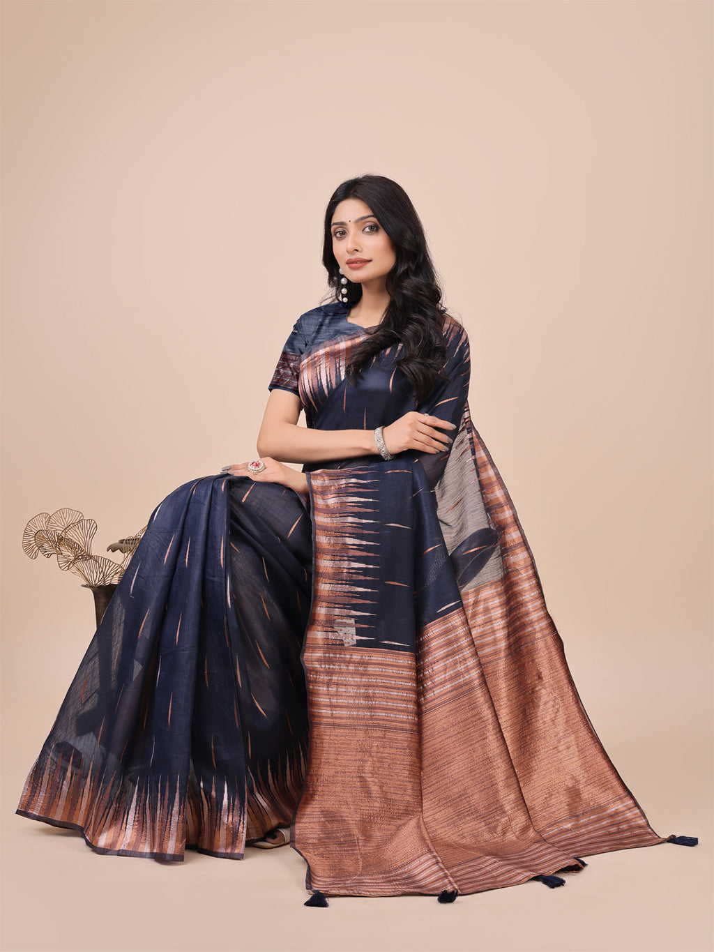 Shree Shyam Fashion Elegant Navy Blue Linen Cotton Saree with Copper Zari Pallu and Artistic Brush Pattern - Festive & Formal Wear - Distacart