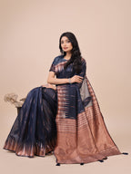 Shree Shyam Fashion Elegant Navy Blue Linen Cotton Saree with Copper Zari Pallu and Artistic Brush Pattern - Festive & Formal Wear - Distacart