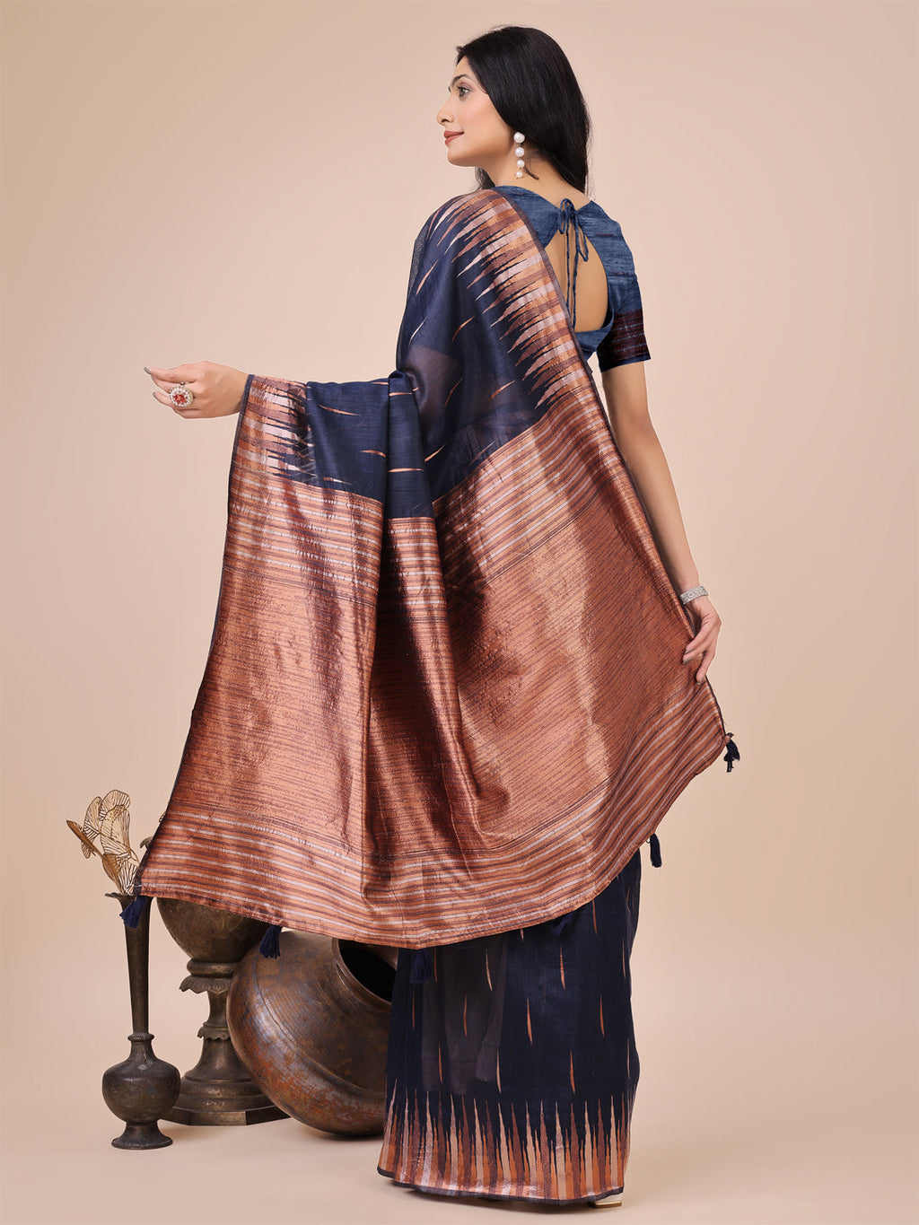 Shree Shyam Fashion Elegant Navy Blue Linen Cotton Saree with Copper Zari Pallu and Artistic Brush Pattern - Festive & Formal Wear - Distacart
