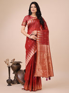 Shree Shyam Fashion Elegant Red Linen Cotton Saree with Copper Zari Pallu and Artistic Brush Pattern - Festive & Formal Wear - Distacart