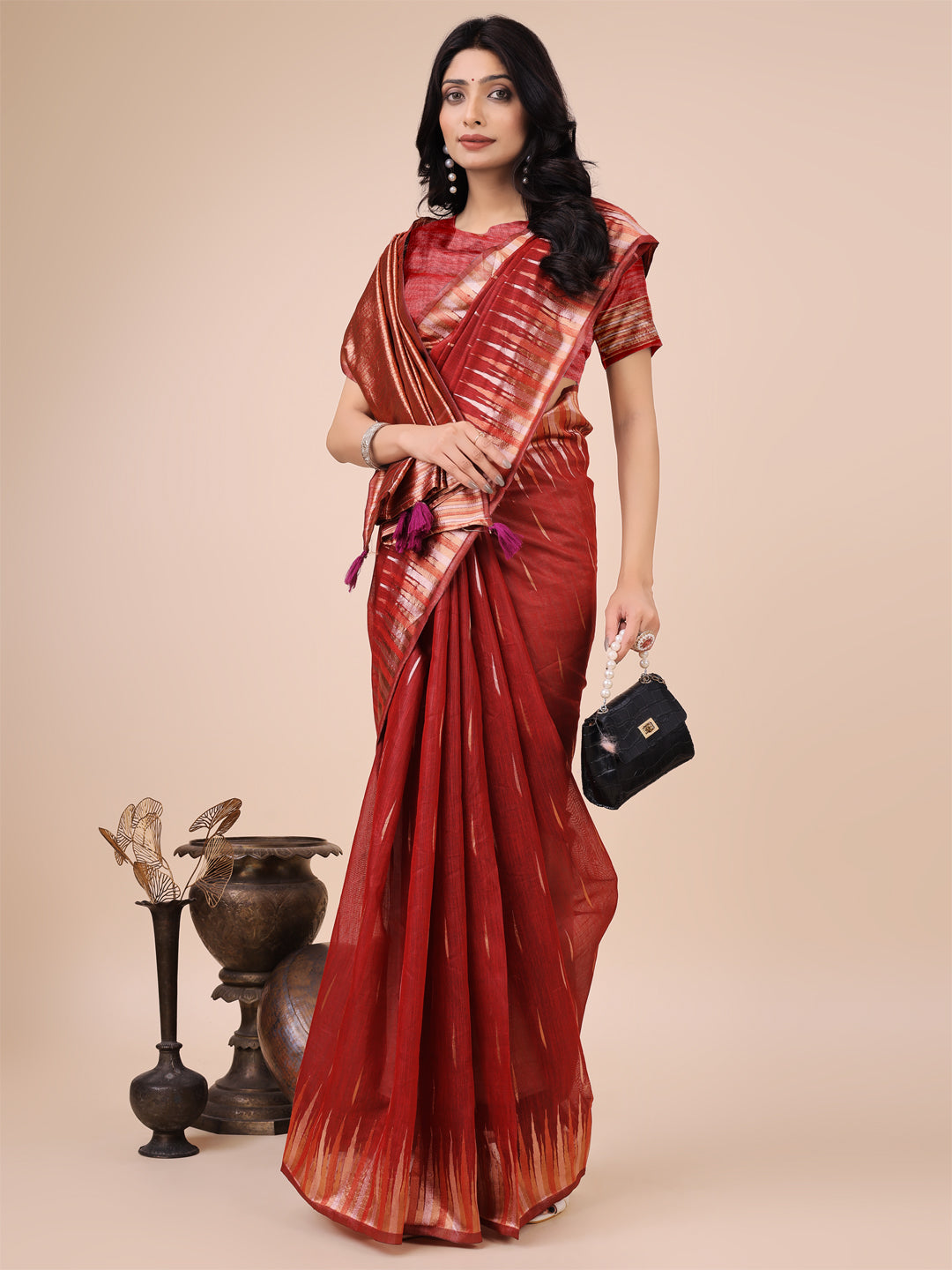 Shree Shyam Fashion Elegant Red Linen Cotton Saree with Copper Zari Pallu and Artistic Brush Pattern - Festive & Formal Wear - Distacart