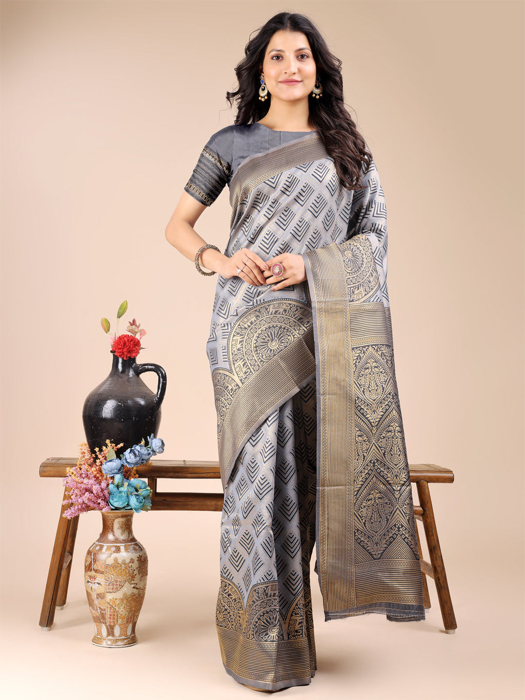 Shree Shyam Fashion Grey Banarasi silk Woven Zari Work Traditional Tassel Saree