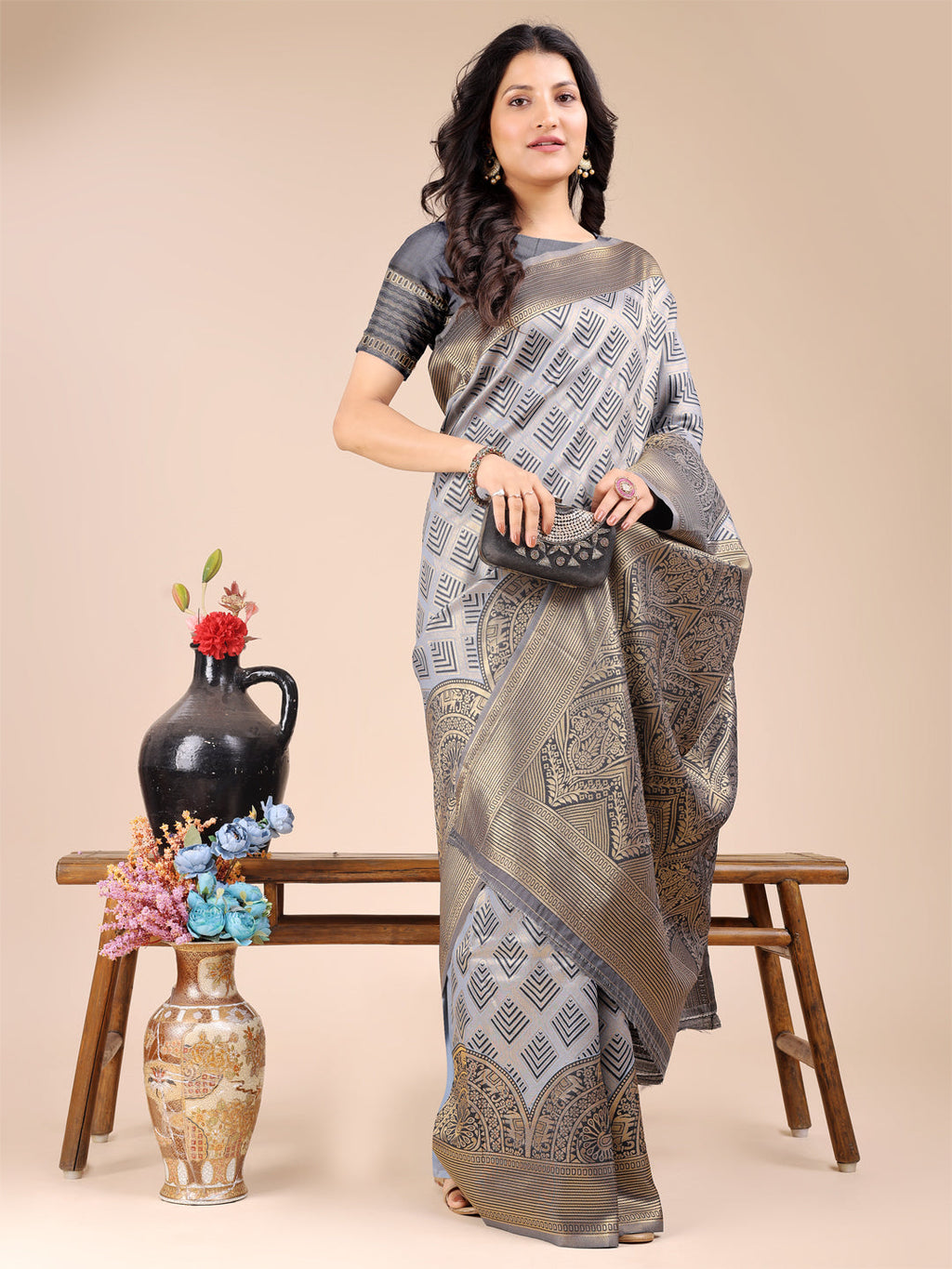 Shree Shyam Fashion Grey Banarasi silk Woven Zari Work Traditional Tassel Saree