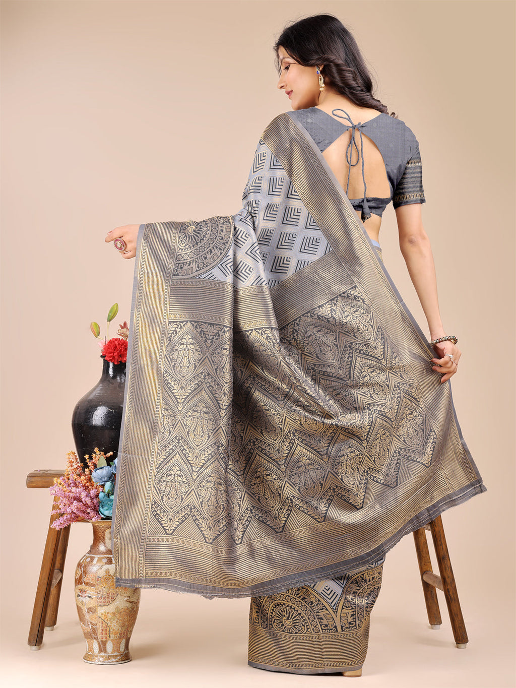 Shree Shyam Fashion Grey Banarasi silk Woven Zari Work Traditional Tassel Saree