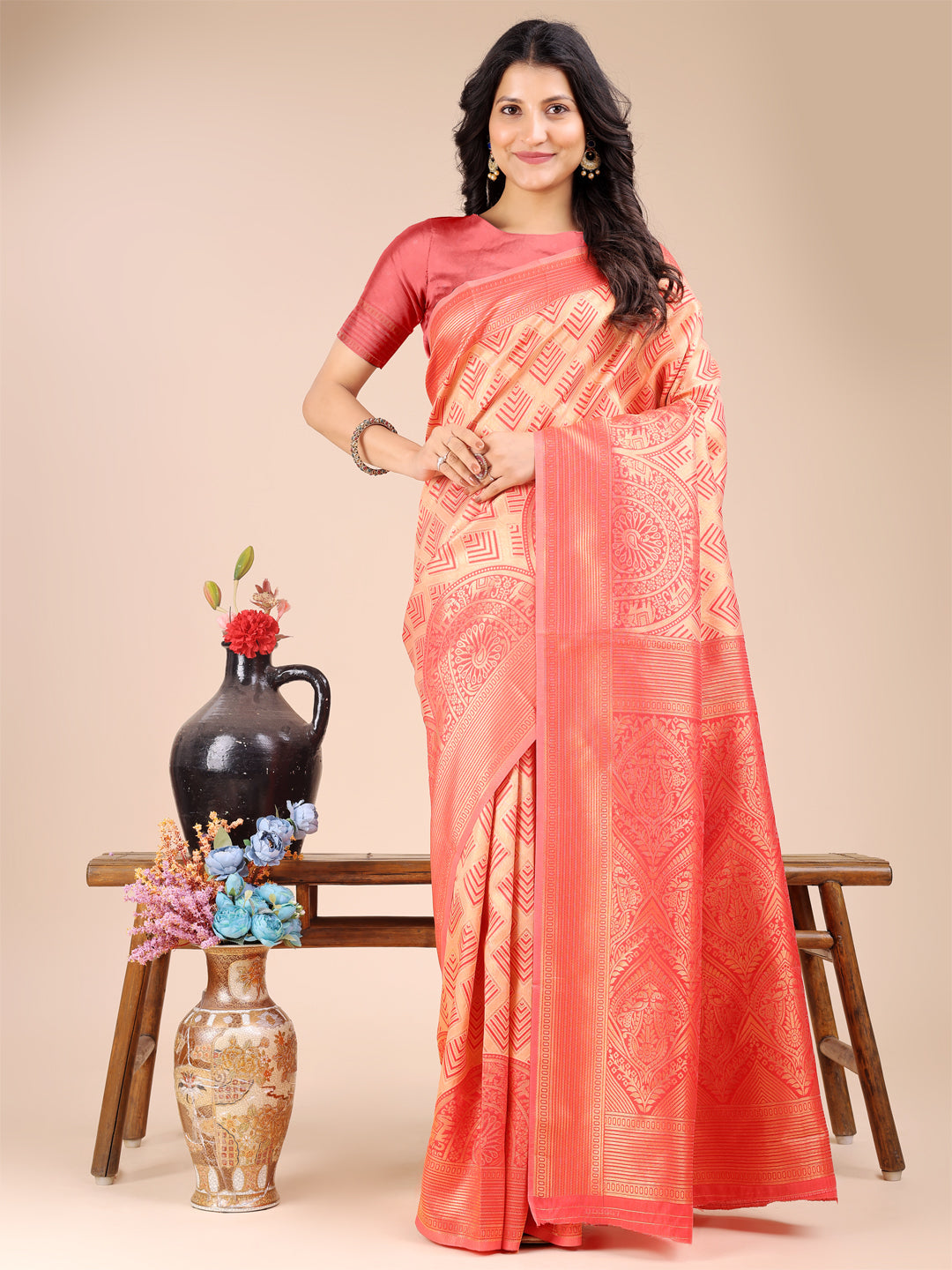 Shree Shyam Fashion Peach Banarasi silk Woven Zari Work Traditional Tassel Saree