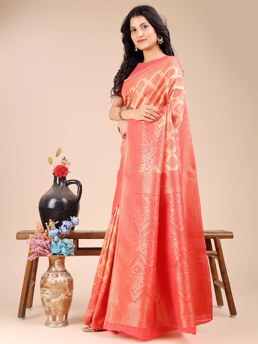 Shree Shyam Fashion Peach Banarasi silk Woven Zari Work Traditional Tassel Saree